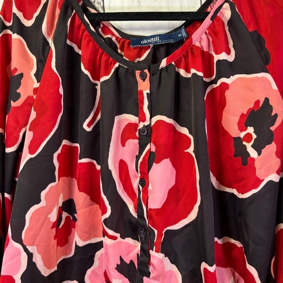 Eloquii floral Red and Pink Tie Front Tunic with 3/4 Sleeves 16W - Picture 4 of 7